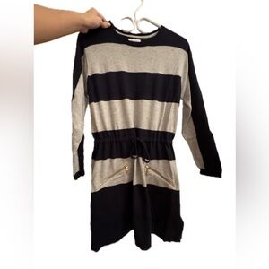 Girls Stripped Navy Blue and Grey Long Sleeve Dress